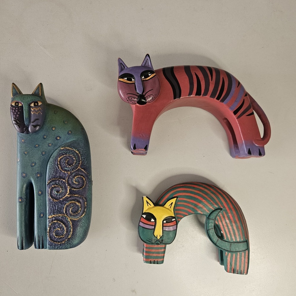 Vintage Laurel Burch Style Wooden Cat Trio Set Hand Painted Folk Art 80s 90s